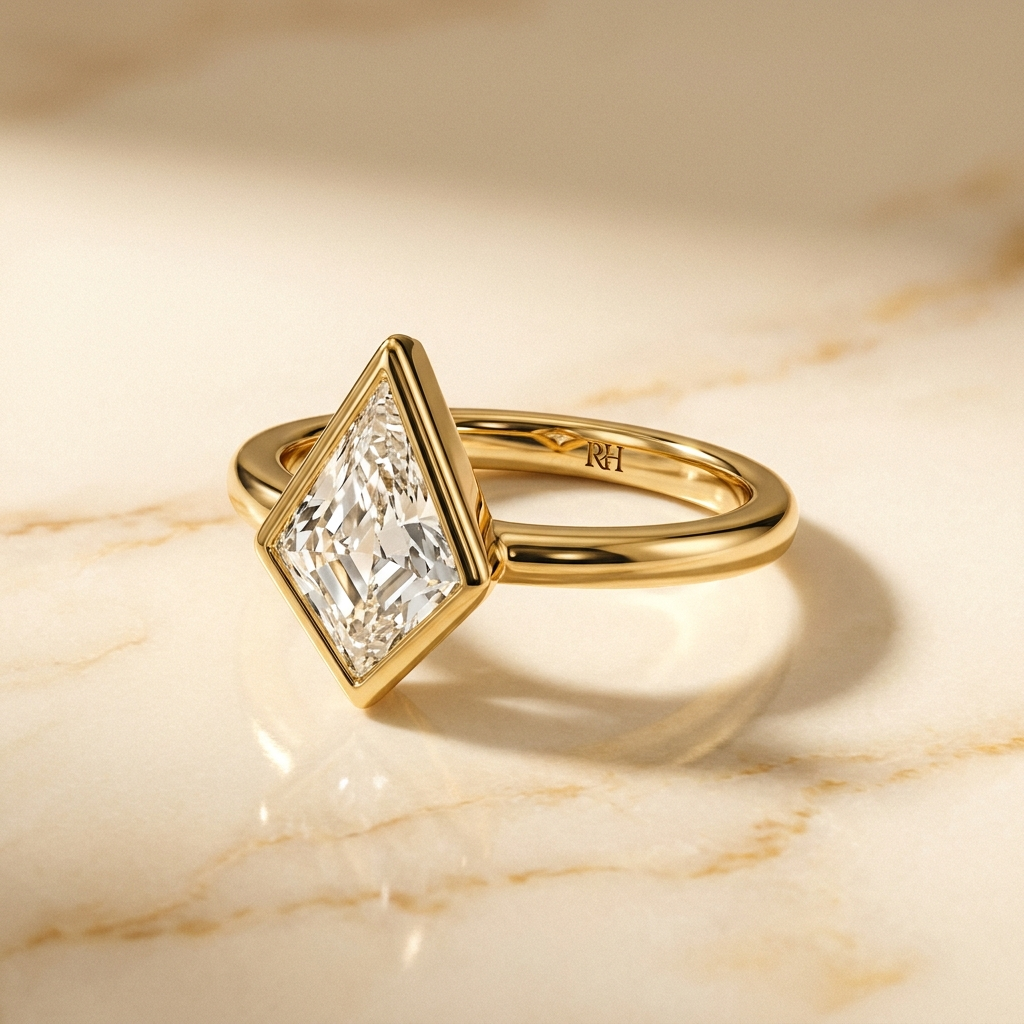 The Agnes Select bezel solitaire kite engagement ring in 18k yellow gold — alt-angle hero — RockHer
