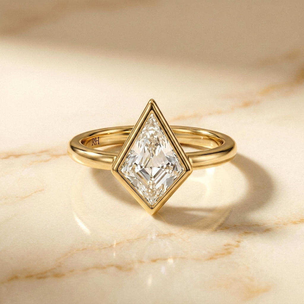 The Agnes Select bezel solitaire kite engagement ring in 18k yellow gold — front view — RockHer