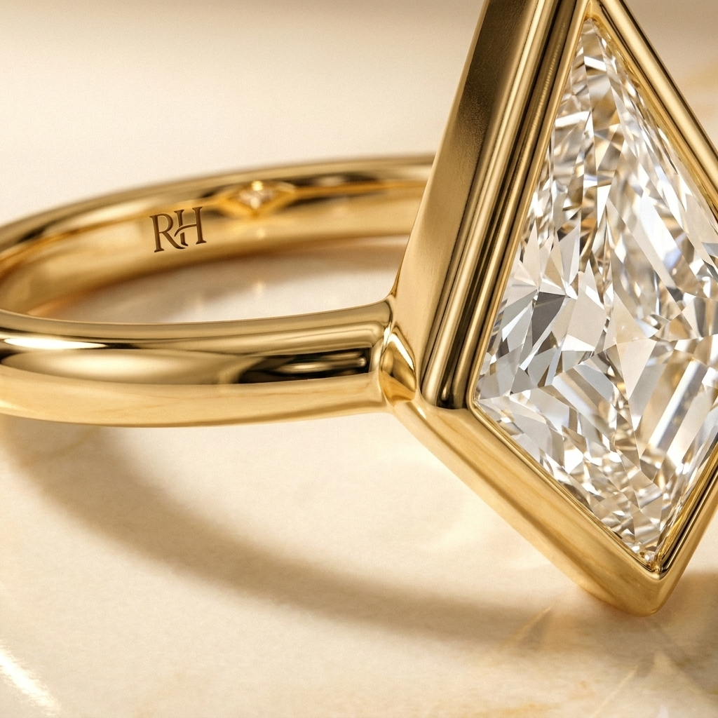 The Agnes Select bezel solitaire kite engagement ring in 18k yellow gold — construction detail — RockHer