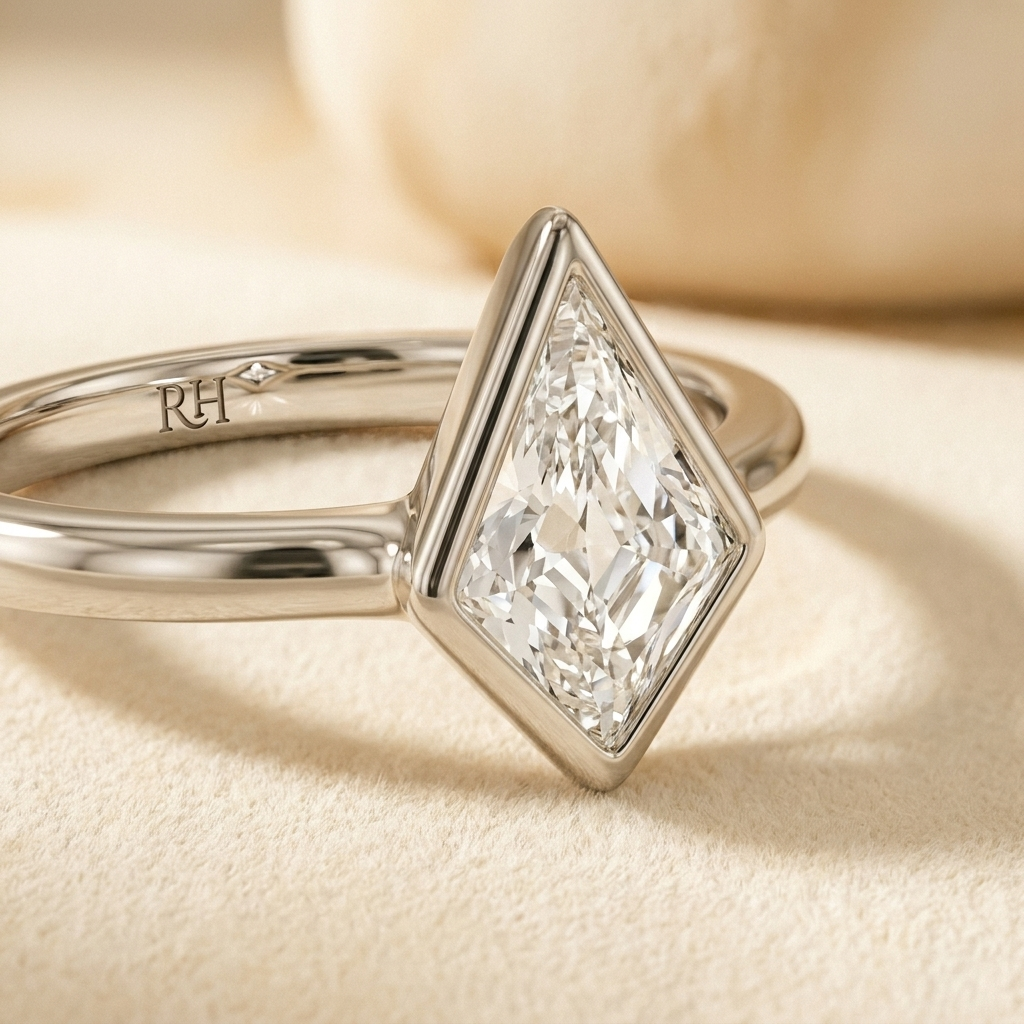 The Agnes Select bezel solitaire kite engagement ring in 18k white gold — construction detail — RockHer
