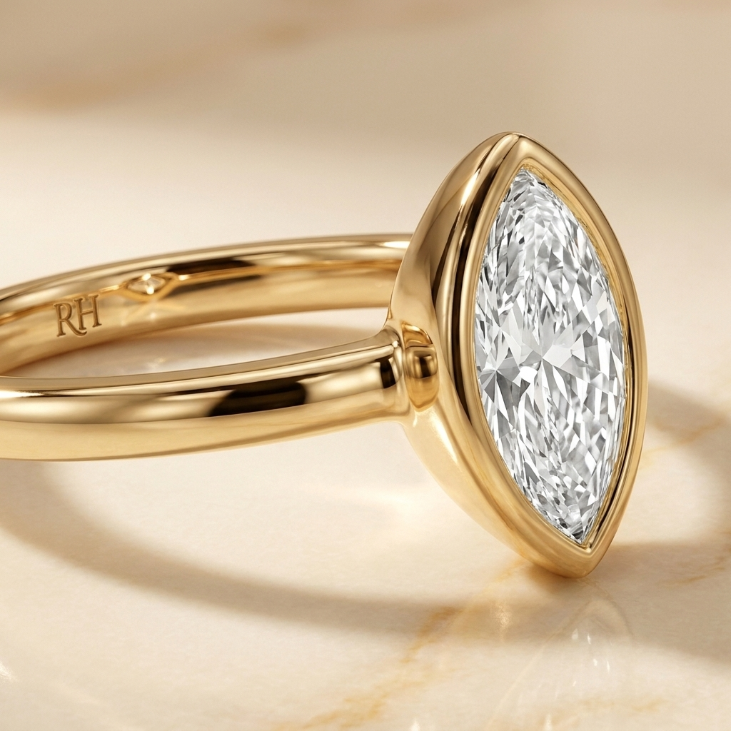 Agnes Marquise bezel solitaire engagement ring setting in 18K Yellow Gold — construction detail — RockHer