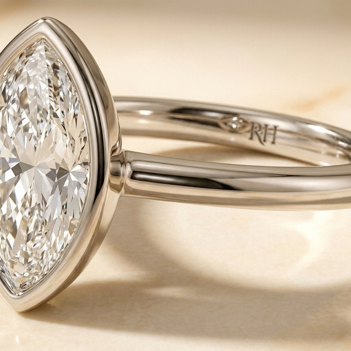 The Agnes bezel solitaire marquise engagement ring setting in 18k white gold — construction detail — RockHer