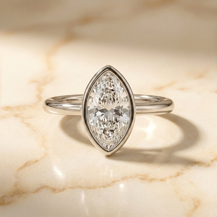 The Agnes bezel solitaire marquise engagement ring setting in 18k white gold — front view — RockHer