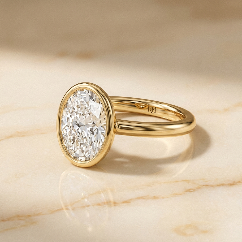 The Agnes Select bezel solitaire oval engagement ring in 18k yellow gold — alt-angle hero — RockHer