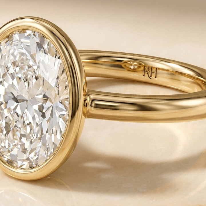 The Agnes Select bezel solitaire oval engagement ring in 18k yellow gold — construction detail — RockHer