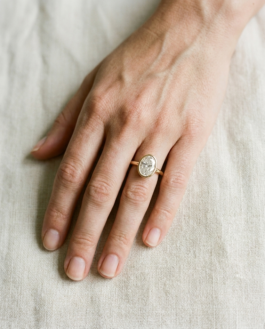 The Agnes Select bezel solitaire oval engagement ring in 18k yellow gold — top down hand — RockHer