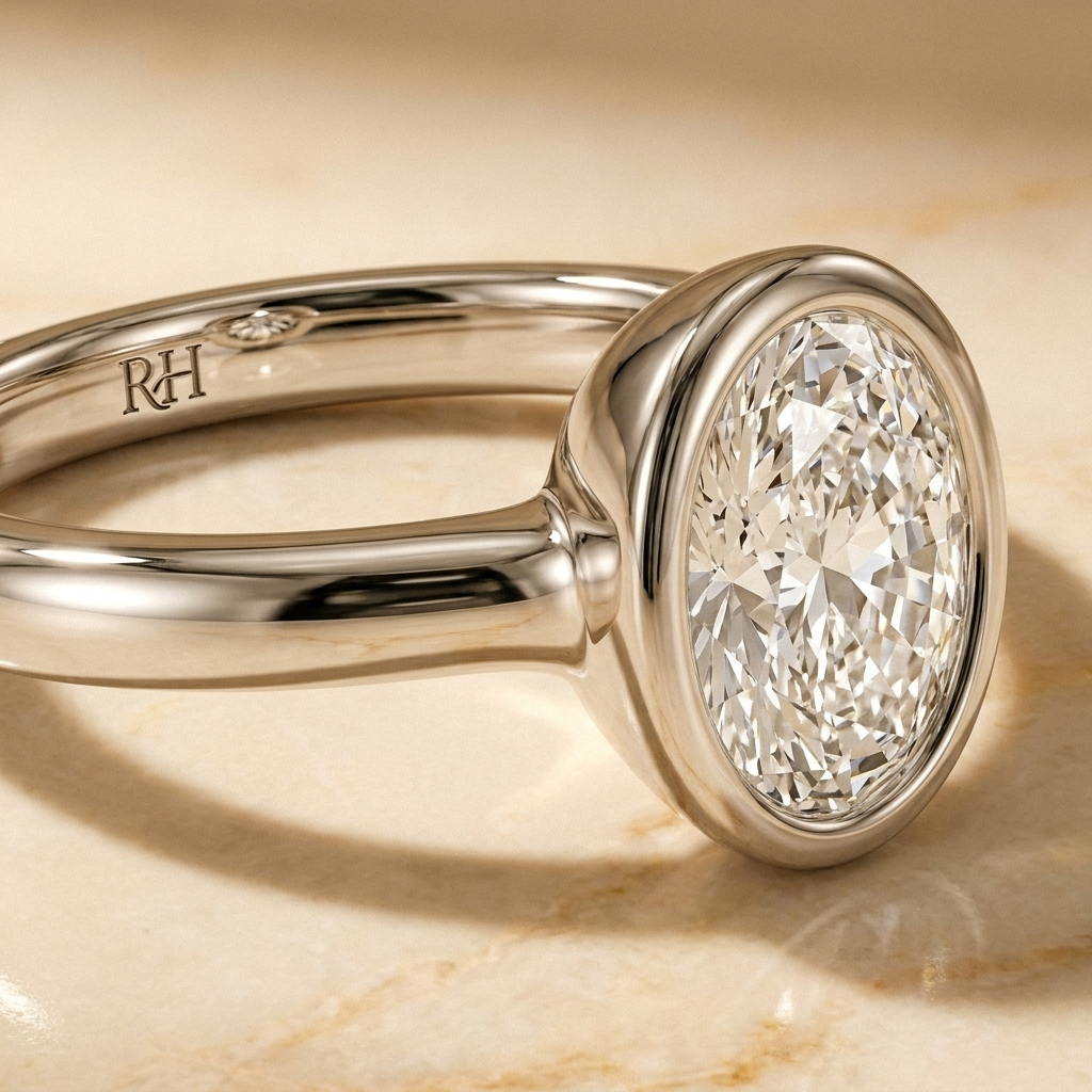 The Agnes Select bezel solitaire oval engagement ring in platinum — construction detail — RockHer