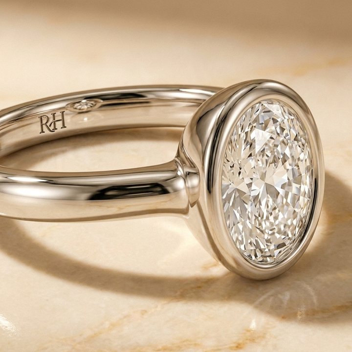 The Agnes Select bezel solitaire oval engagement ring in 18k white gold — construction detail — RockHer