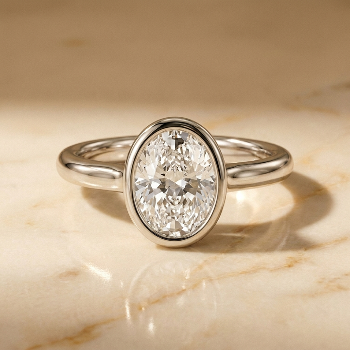 The Agnes Select bezel solitaire oval engagement ring in platinum — front view — RockHer