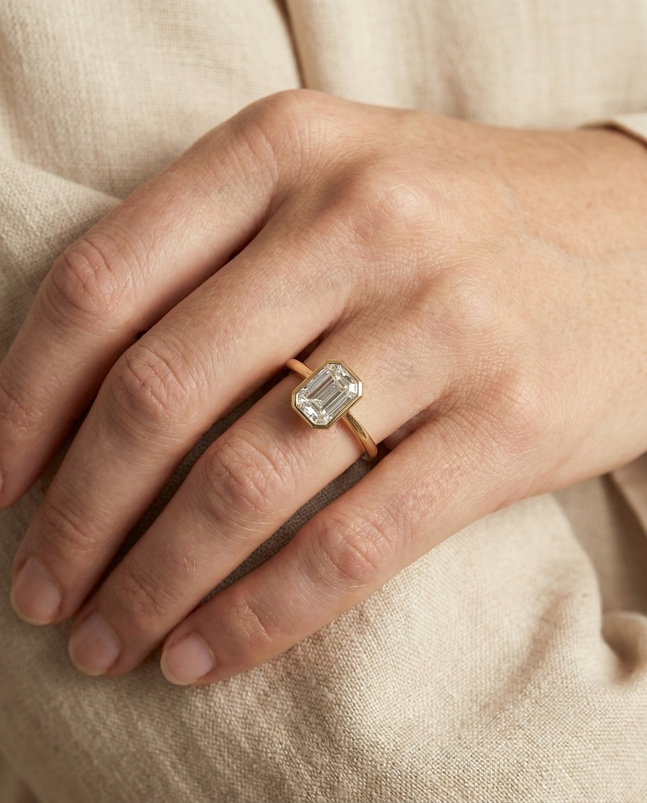 The Agnes Select bezel solitaire oval engagement ring in 18k white gold — on hand — RockHer