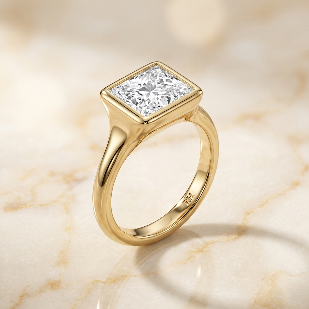 The Agnes Select bezel solitaire princess engagement ring in 18k yellow gold — alt-angle hero — RockHer