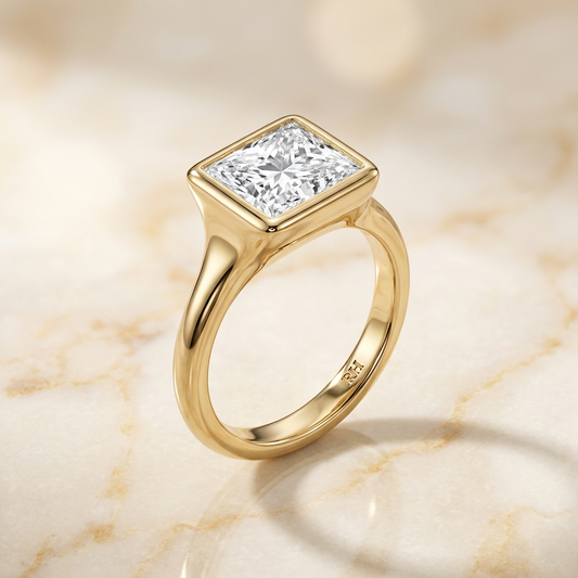 The Agnes Select bezel solitaire princess engagement ring in 18k yellow gold — alt-angle hero — RockHer