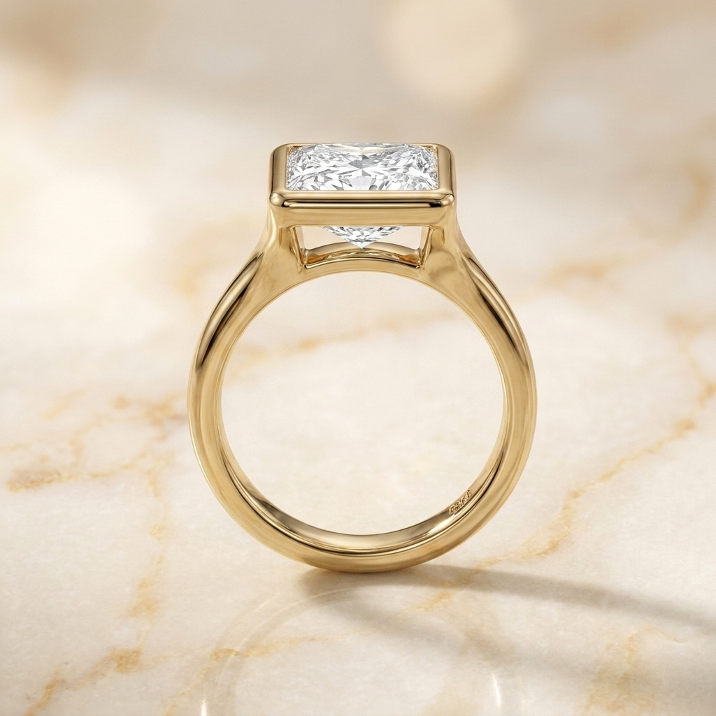 Agnes Princess bezel solitaire engagement ring setting in 18K Yellow Gold — side profile — RockHer