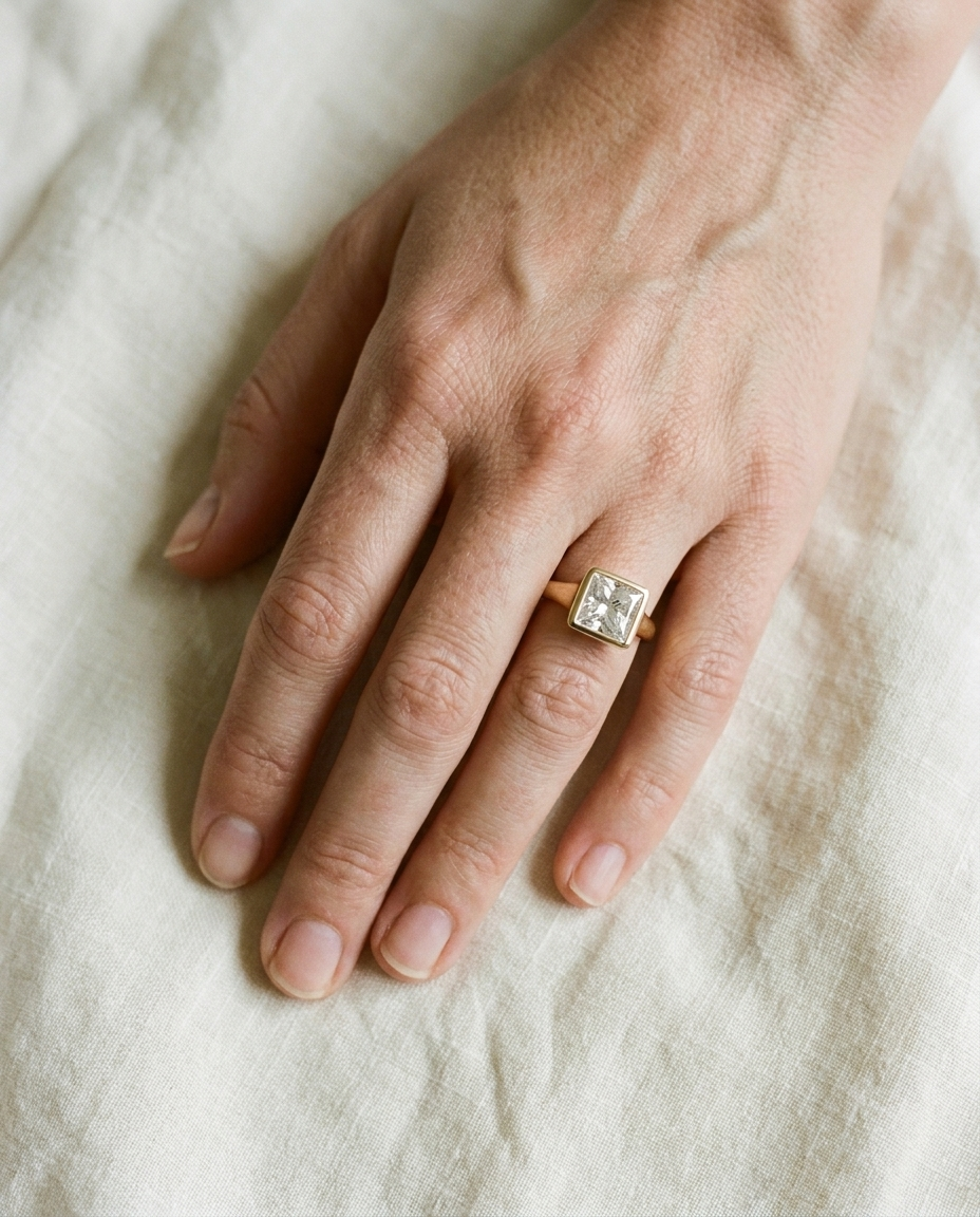 Agnes Princess bezel solitaire engagement ring setting in 18K Yellow Gold — top down hand — RockHer