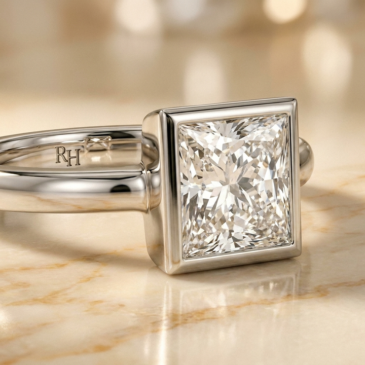 The Agnes Select bezel solitaire princess engagement ring in platinum — construction detail — RockHer