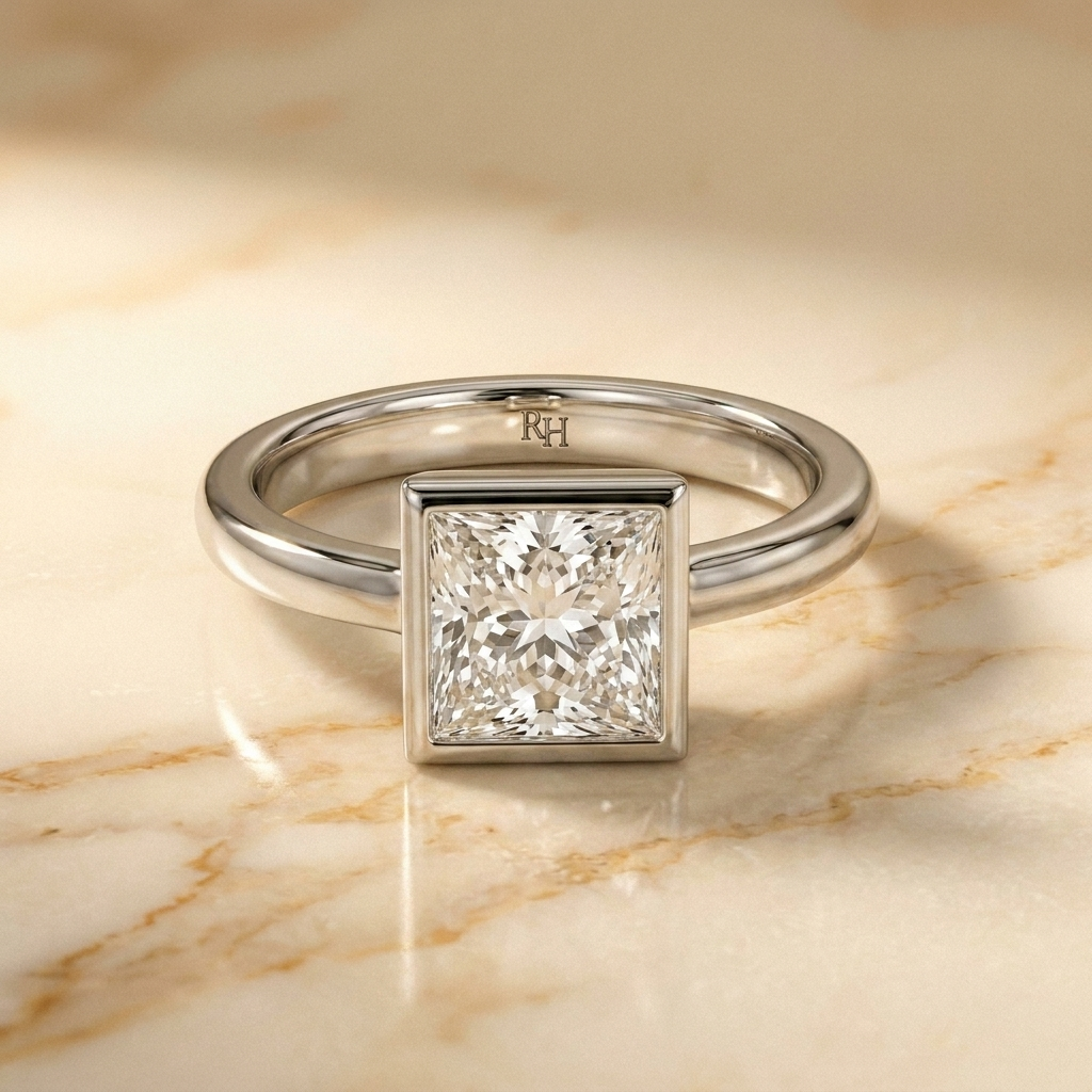 The Agnes bezel solitaire princess engagement ring setting in 18k white gold — front view — RockHer