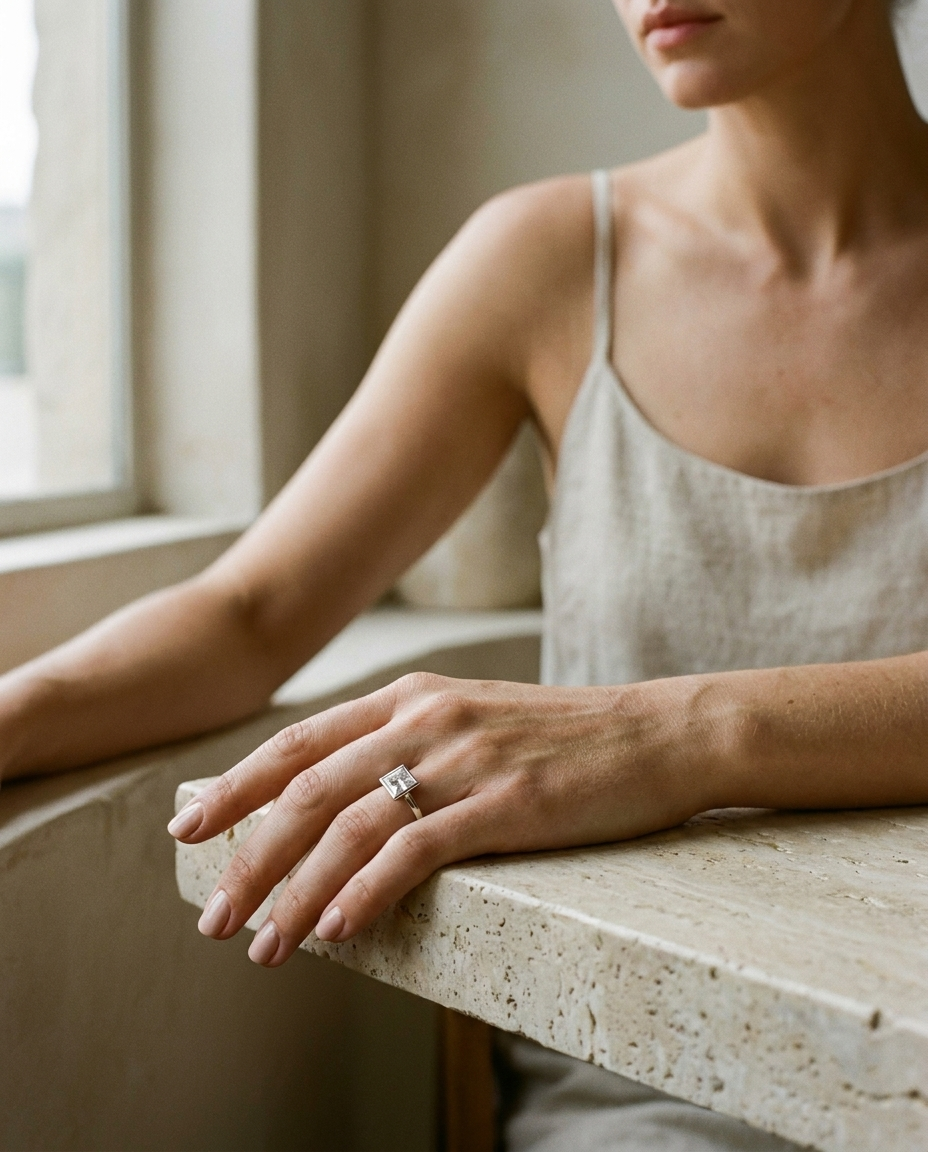 The Agnes Select bezel solitaire princess engagement ring in platinum — lifestyle — RockHer
