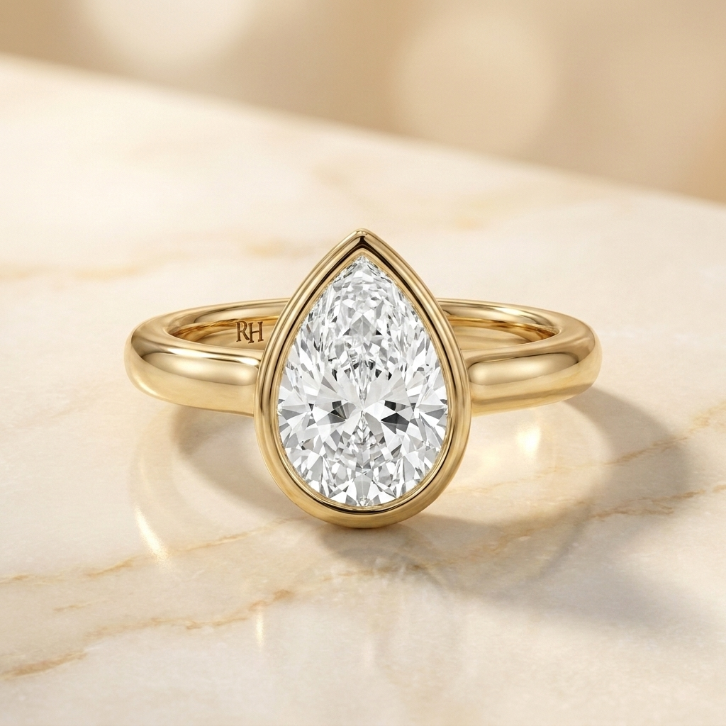 The Agnes Select bezel solitaire pear engagement ring in 18k yellow gold — front view — RockHer