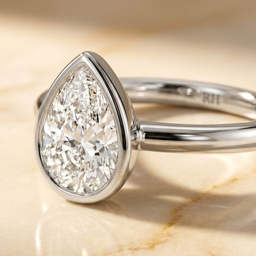 The Agnes Select bezel solitaire pear engagement ring in platinum — construction detail — RockHer