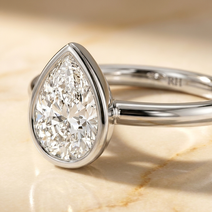 The Agnes Select bezel solitaire pear engagement ring in 18k white gold — construction detail — RockHer