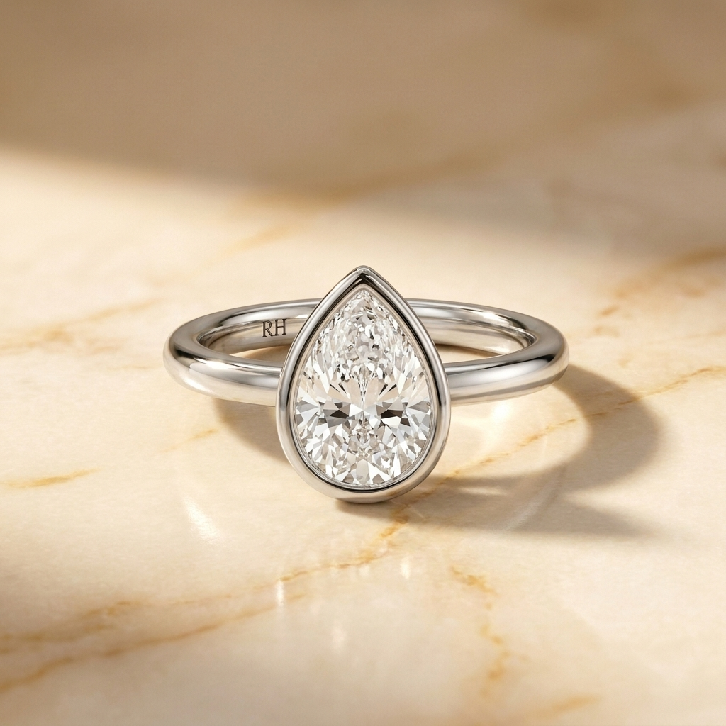 The Agnes Select bezel solitaire pear engagement ring in 18k white gold — front view — RockHer
