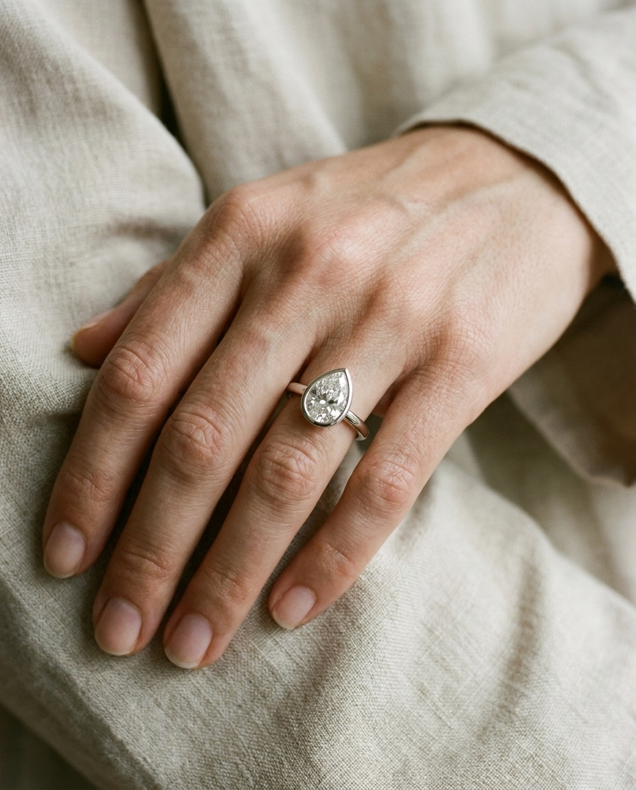The Agnes Select bezel solitaire pear engagement ring in 18k white gold — on hand — RockHer