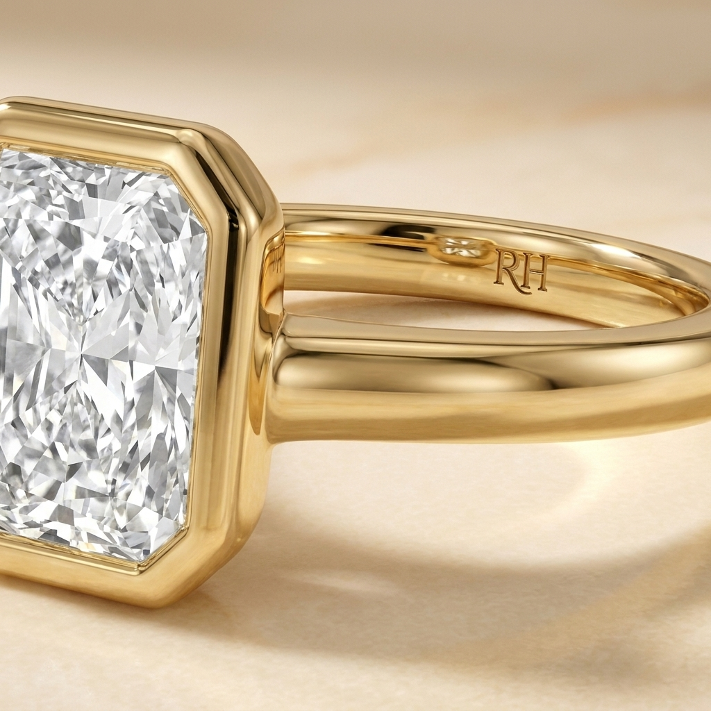 The Agnes Select bezel solitaire radiant engagement ring in 18k yellow gold — construction detail — RockHer