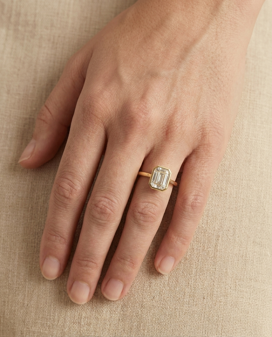 The Agnes Select bezel solitaire radiant engagement ring in 18k yellow gold — top down hand — RockHer