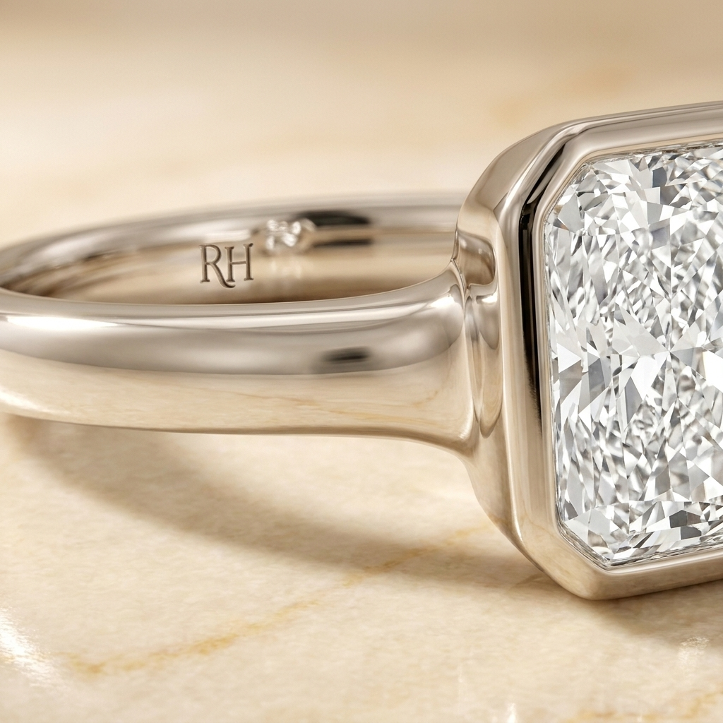 The Agnes Select bezel solitaire radiant engagement ring in 18k white gold — construction detail — RockHer