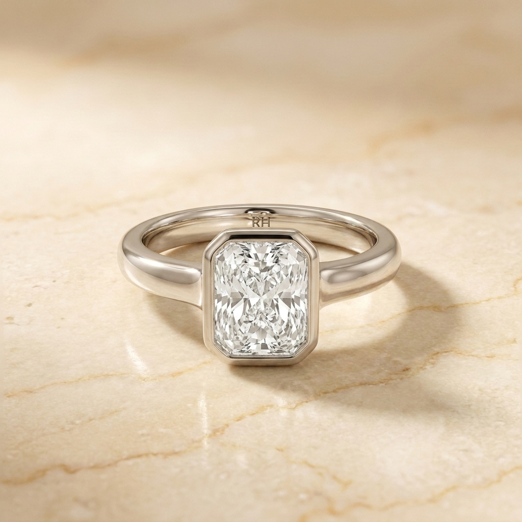 The Agnes Select bezel solitaire radiant engagement ring in 18k white gold — front view — RockHer