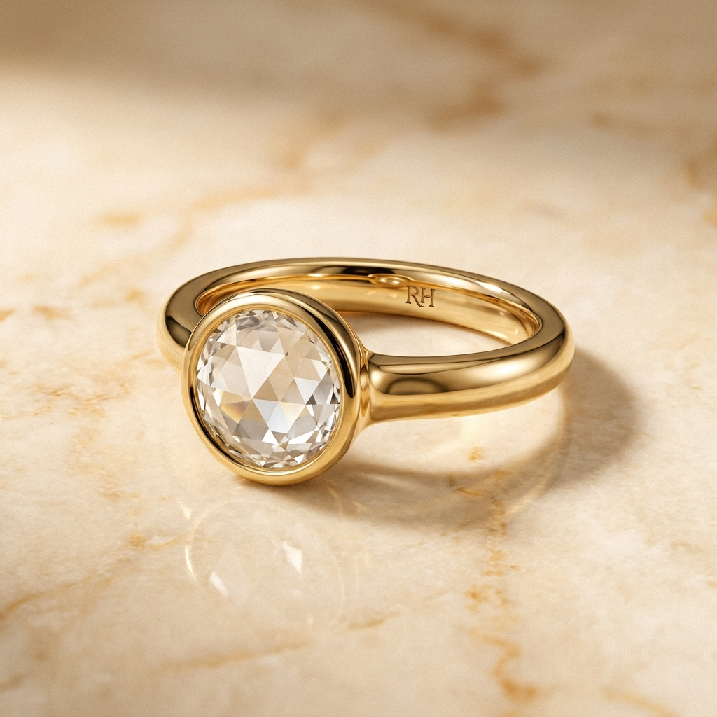 The Agnes Select bezel solitaire rose cut engagement ring in 18k yellow gold — alt-angle hero — RockHer
