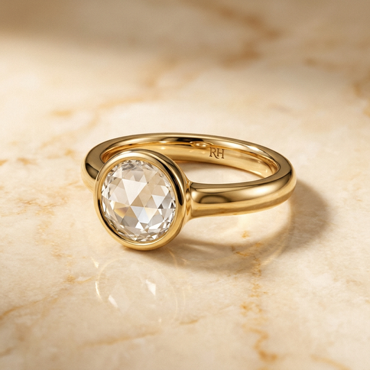 The Agnes Select bezel solitaire rose cut engagement ring in 18k yellow gold — alt-angle hero — RockHer