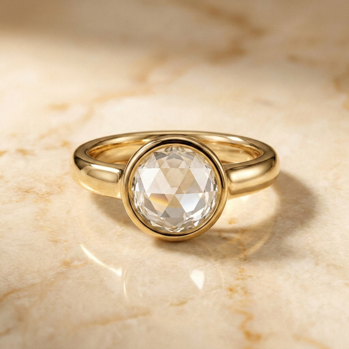 The Agnes Select bezel solitaire rose cut engagement ring in 18k yellow gold — front view — RockHer