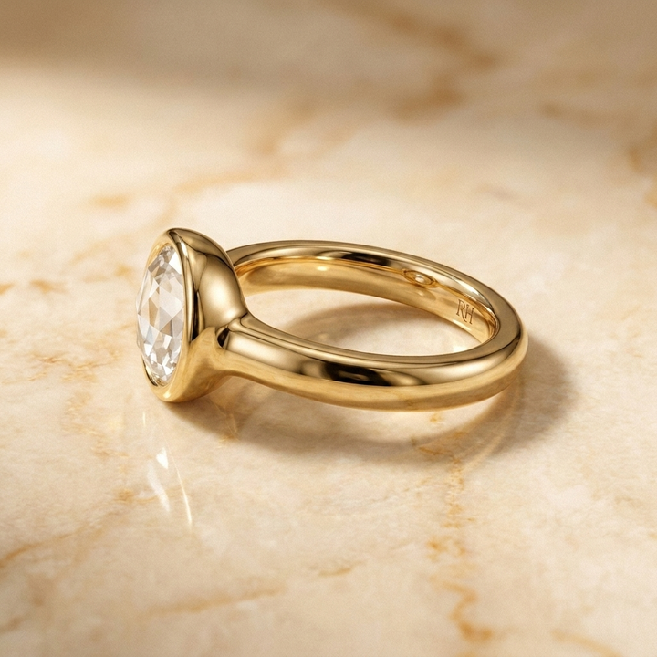 The Agnes Select bezel solitaire rose cut engagement ring in 18k yellow gold — side profile — RockHer