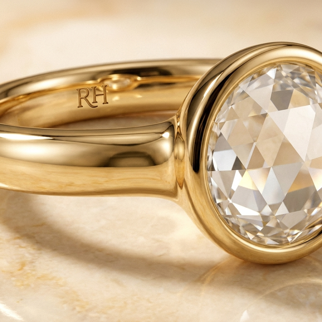The Agnes Select bezel solitaire rose cut engagement ring in 18k yellow gold — construction detail — RockHer