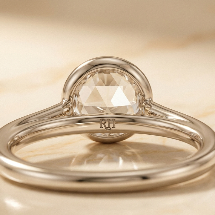 The Agnes Select bezel solitaire rose cut engagement ring in platinum — construction detail — RockHer