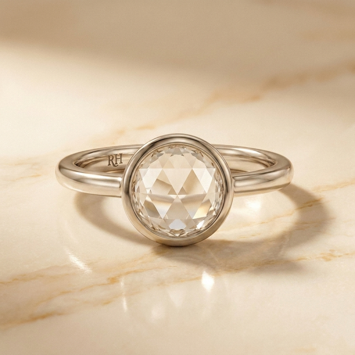 The Agnes Select bezel solitaire rose cut engagement ring in 18k white gold — front view — RockHer