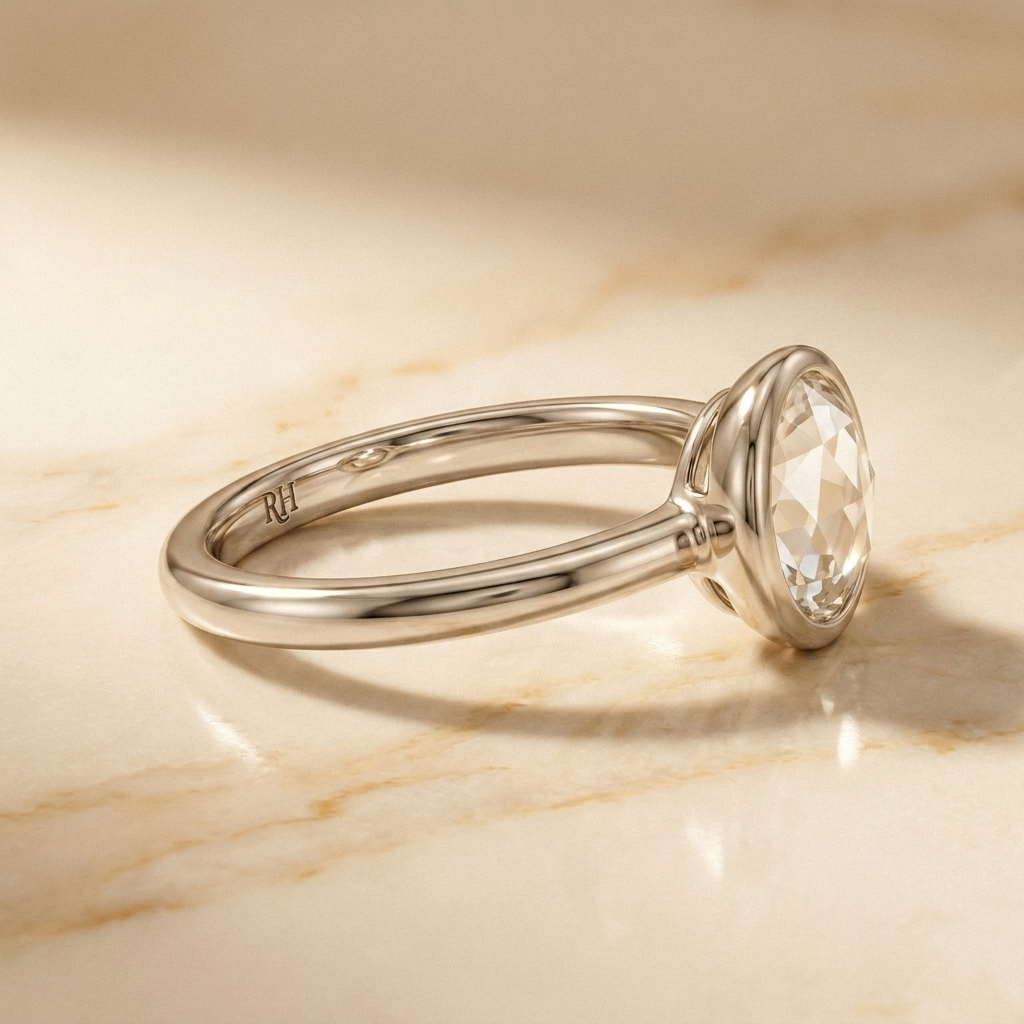 The Agnes Select bezel solitaire rose cut engagement ring in 18k white gold — side profile — RockHer