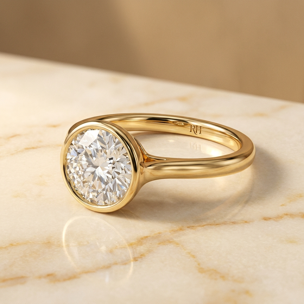 The Agnes Select bezel solitaire round brilliant engagement ring in 18k yellow gold — alt-angle hero — RockHer