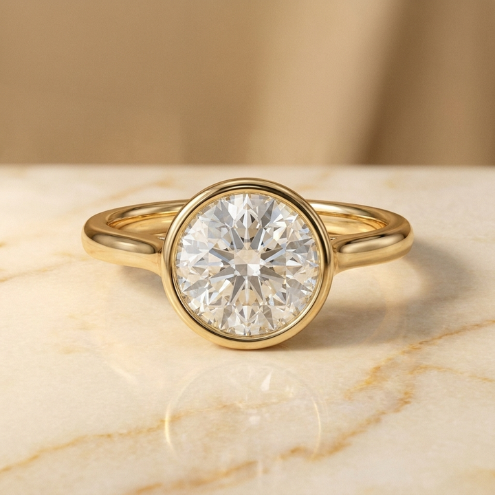 The Agnes Select bezel solitaire round brilliant engagement ring in 18k yellow gold — front view — RockHer