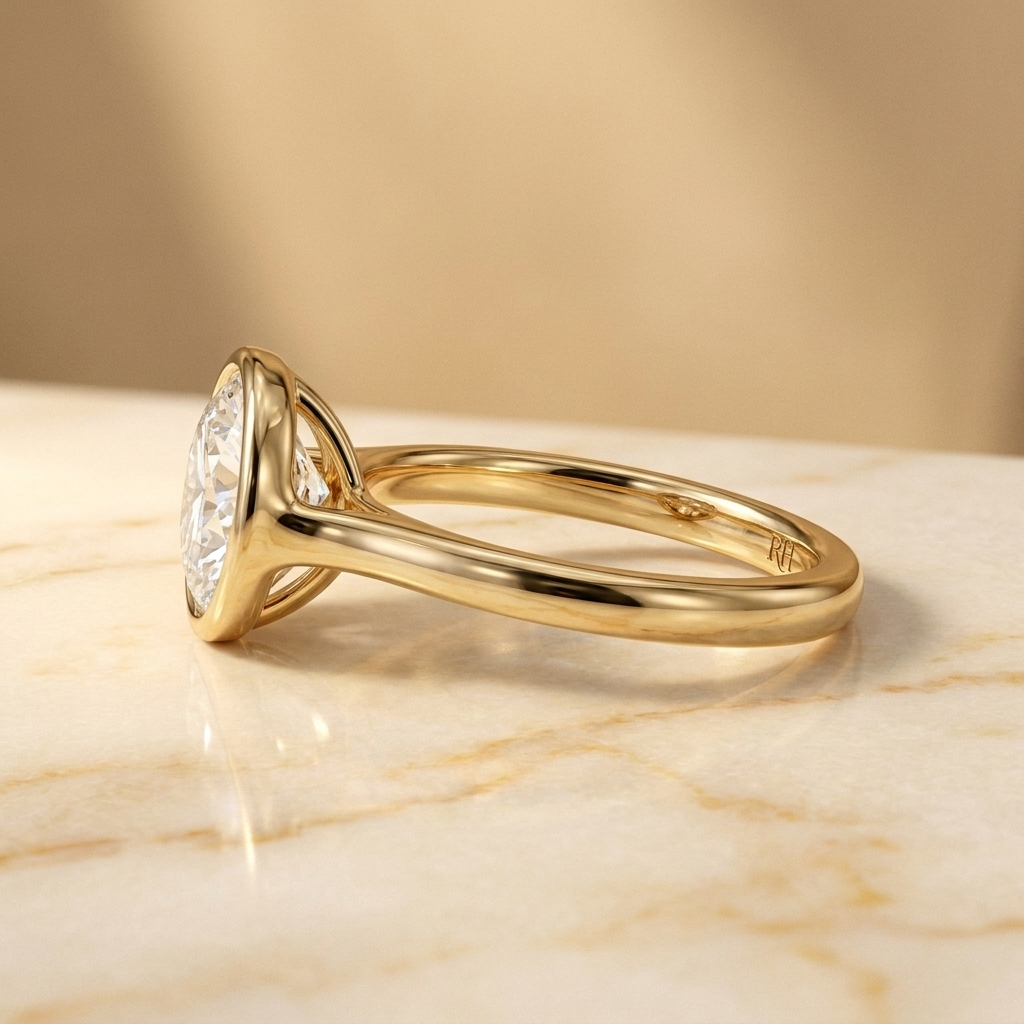 The Agnes Select bezel solitaire round brilliant engagement ring in 18k yellow gold — side profile — RockHer