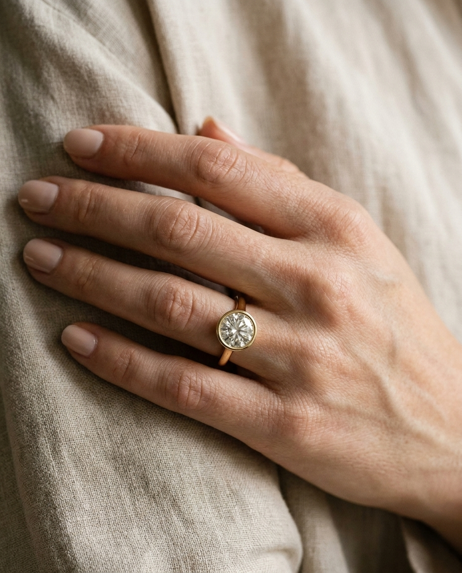 The Agnes Select bezel solitaire round brilliant engagement ring in 18k yellow gold — on hand — RockHer