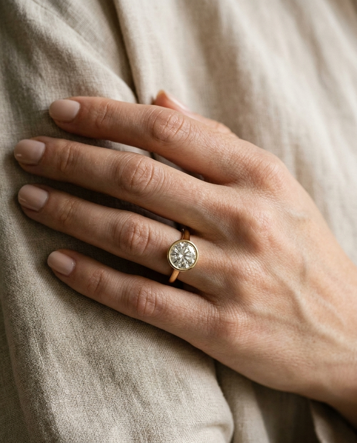 The Agnes Select bezel solitaire round brilliant engagement ring in 18k yellow gold — on hand — RockHer