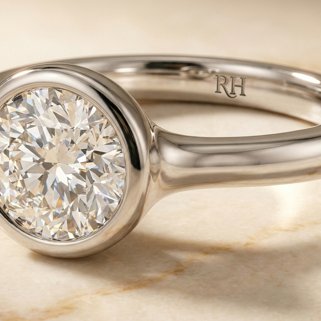 The Agnes Select bezel solitaire round brilliant engagement ring in 18k white gold — construction detail — RockHer