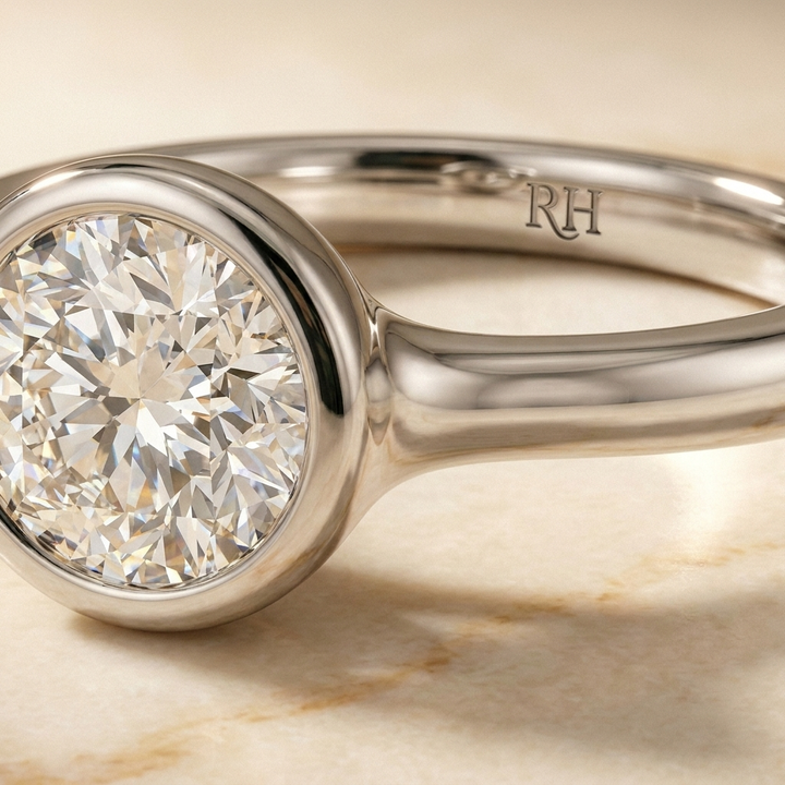 The Agnes Select bezel solitaire round brilliant engagement ring in platinum — construction detail — RockHer