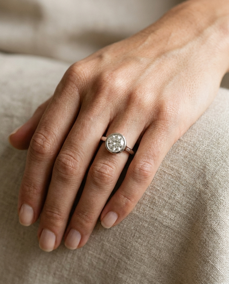 The Agnes Select bezel solitaire round brilliant engagement ring in platinum — on hand — RockHer