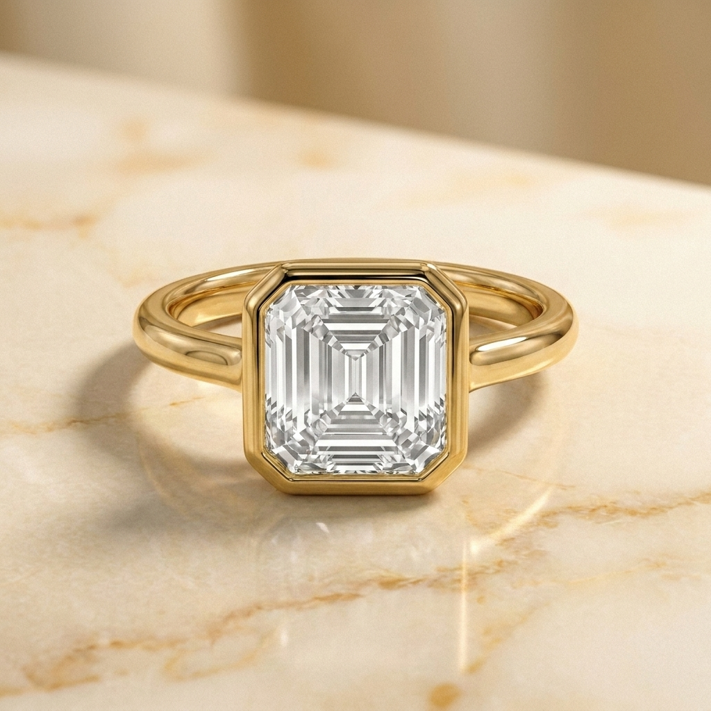 The Agnes Select bezel solitaire square emerald engagement ring in 18k yellow gold — front view — RockHer