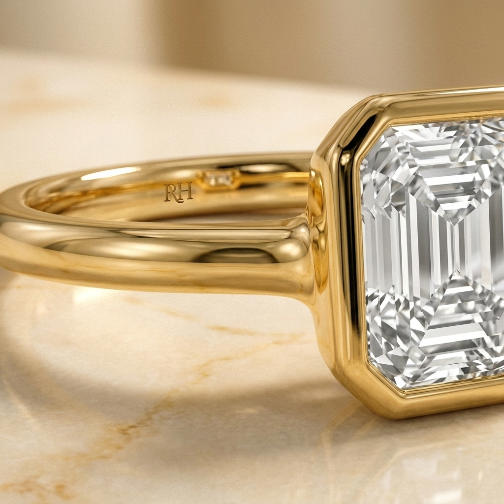 The Agnes Select bezel solitaire square emerald engagement ring in 18k yellow gold — construction detail — RockHer