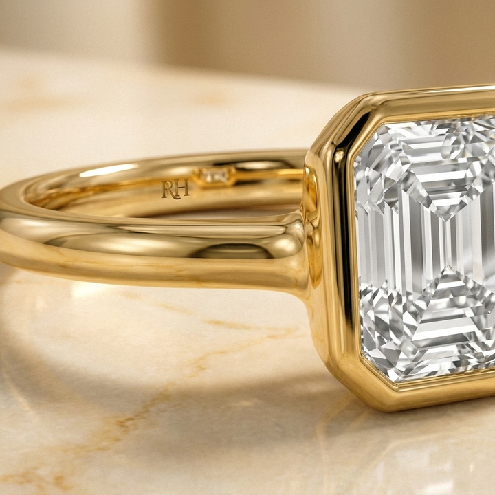 The Agnes Select bezel solitaire square emerald engagement ring in 18k yellow gold — construction detail — RockHer