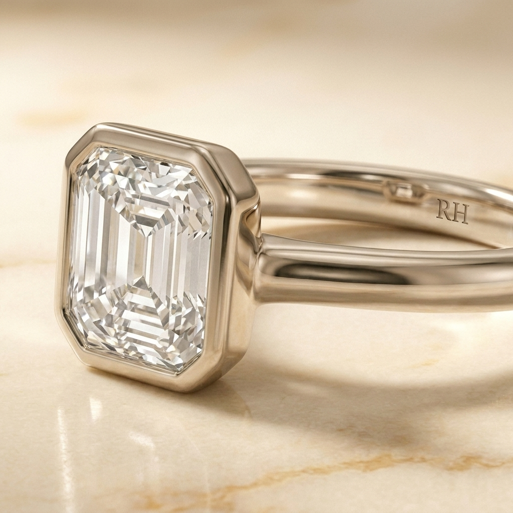 The Agnes Select bezel solitaire square emerald engagement ring in platinum — construction detail — RockHer